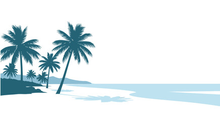 Illustration of a tropical beach with palm trees and ocean.