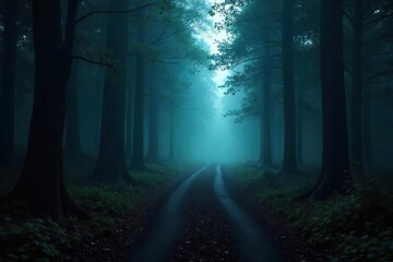 Naklejka premium Eerie, misty path winding through a dark forest, suggesting a ghostly presence The faint trail disappears into the dense woods, leaving a sense of mystery and unease , spooky, trail