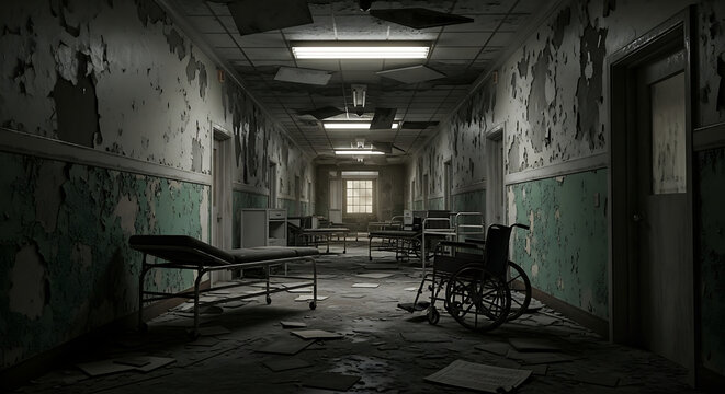 Eerie abandoned hospital corridor with decaying medical equipment and peeling paint