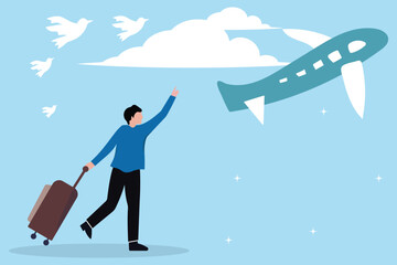 Business traveler walking with suitcase at an airport runway, Travel insurance, protection for traveller, representing global travel and professional ambition.