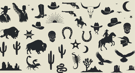 A vintage wild west illustration featuring cowboys, cacti, and desert elements, perfect for western themes and rustic designs isolated on white background