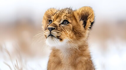 Obraz premium A young lion cub with golden fur looks up inquisitively dusted with snow in a winter landscape