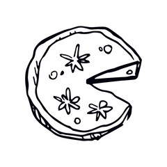 Whimsical doodle illustration of a round pie with one slice cut out. Hand-drawn black line sketch style, ideal for recipe cards, bakery branding, planners, stickers, and cozy food designs