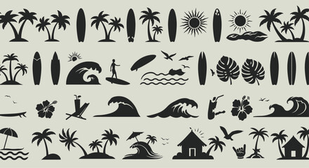 Silhouette of a tropical beach with palm trees, waves, and surfboards, perfect for summer vacation themes and seaside designs isolated on white background