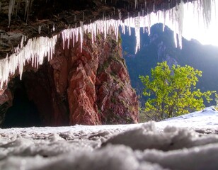 Icy cave opening into a snowy landscape