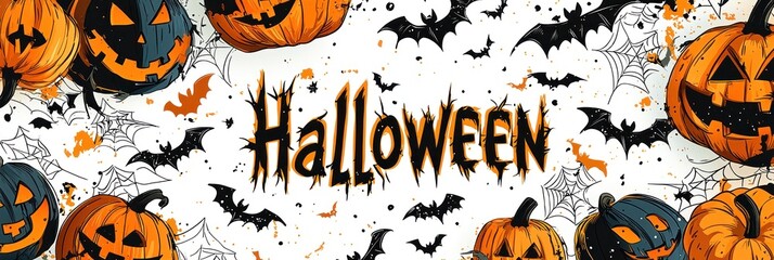Halloween banner with pumpkins, bats and spiders. 2d illustration. Halloween Greeting Card with Copy, Text. Halloween Party Invitation Card