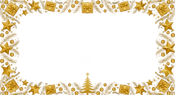 Festive golden christmas frame with stars gifts and tree isolated on transparent background