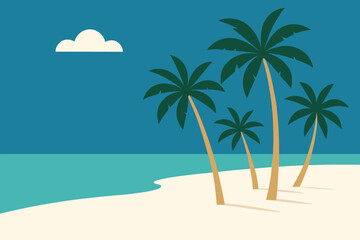 A serene tropical beach scene with palm trees, white sand, and a calm turquoise ocean under a blue sky.