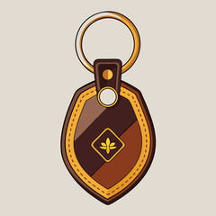 Artistic illustration of a stylish key chain featuring a brown leather design with a golden decorative emblem and key ring on a neutral background.