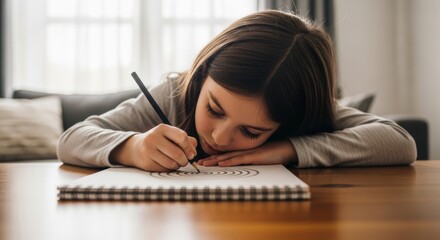 Young caucasian girl drawing at home with pencil on notepad