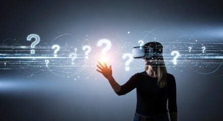 Caucasian young female exploring virtual reality with vr headset in tech-infused environment