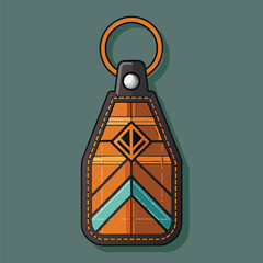 Illustrated orange and teal keychain design with a geometric pattern isolated on a teal background represents accessories