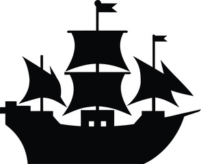 Tall Ship Silhouette with Waving Banners - Vintage Nautical Design