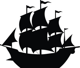 Classic Ship Silhouette with Waving Flags - Nautical Vector Illustration. Sailing Ship Silhouette with Fluttering Flags - Maritime Vector Art