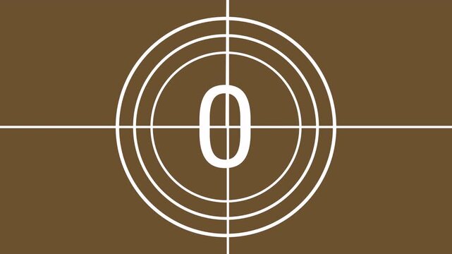 Old film countdown Classic retro film countdown animation showing number five in white inside circular frame with brown background, vintage movie reel intro transition effect.

