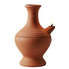 Ancient terracotta oil lamp with lit wick artifact from antiquity transparent background