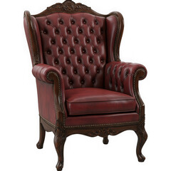 Luxurious burgundy tufted wingback armchair with ornate wooden frame and elegant legs transparent background