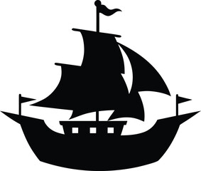 Black silhouette of the pirate ship in night, Silhouette of a Pirate Ship with Fluttering Flags Vector Illustration
