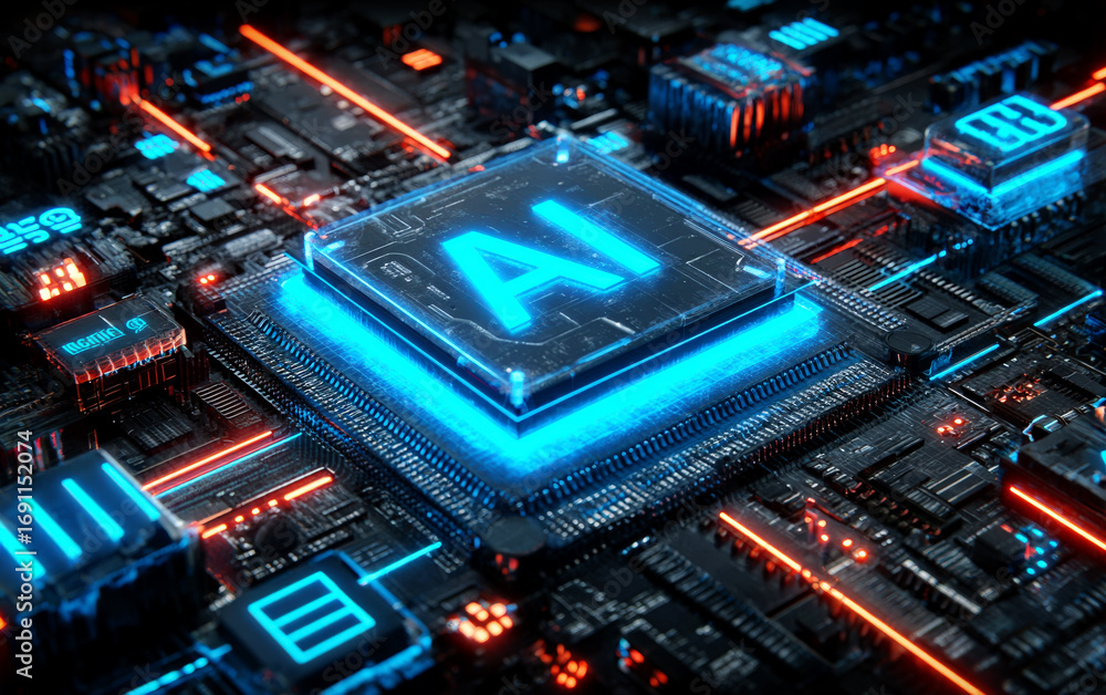 Aufkleber advanced ai chip on a high-tech circuit board with neon lights