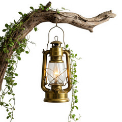 Vintage oil lantern glows on a gnarled tree branch surrounded by lush greenery transparent background