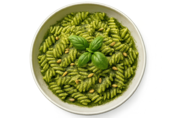 Green pesto pasta, basil, pine nuts isolated on transparent background