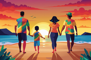Fototapeta premium A vibrant illustration depicts a multiracial family of four enjoying a peaceful sunset stroll on a beach.