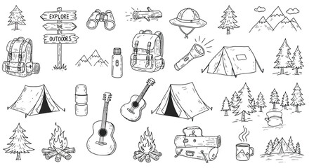 Camping and outdoor adventure doodles featuring tents, backpacks, campfires, and nature elements isolated on white background © arfanah02