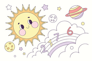 A whimsical and child-friendly illustration featuring a cartoon sun with expressive eyes and rosy cheeks, accompanied by planets, stars, clouds, and numbers (likely 21 and 6) on a rainbow.