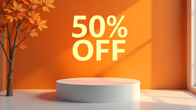 bright orange banner emblazoned bold white font reads sleek podium displaying discounted price set warm