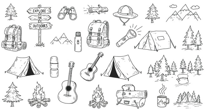 Camping and outdoor adventure doodles featuring tents, backpacks, campfires, and nature elements isolated on white background