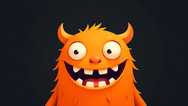 bright orange cartoonish monster face complete goofy grin oversized teeth stares black background