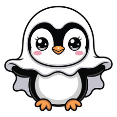 Fototapeta premium A cute Halloween-themed penguin in a sparkling kawaii style, dressed as a ghost.