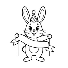 Cartoon Rabbit with Party Hat Holding a Banner