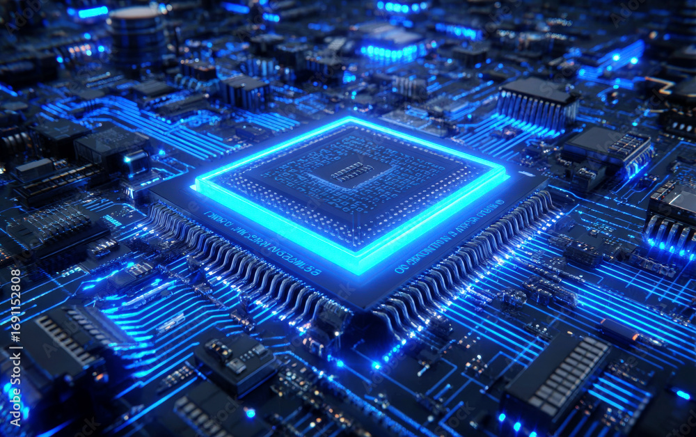 Poster close-up view of a modern computer processor with blue lighting
