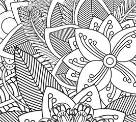 Fototapeta premium Ink drawn floral border coloring pages for adults 