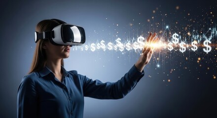 Asian female engaging with virtual reality in business concept with dollar signs and digital sparks