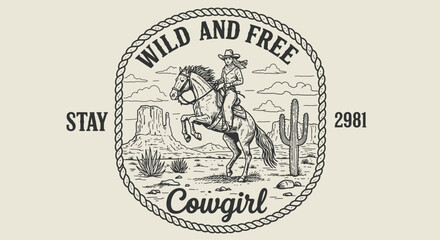 A vintagestyle illustration of a cowgirl riding a horse in the desert with the words wild and free and stay cowgirl