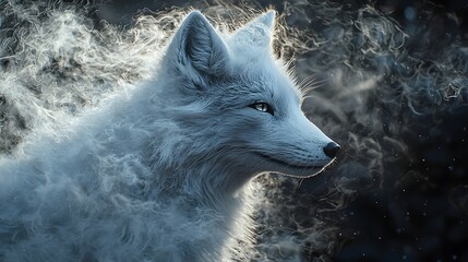 Obraz premium Ethereal portrait of a white arctic fox with mist swirling around its fluffy fur in a cold winter setting