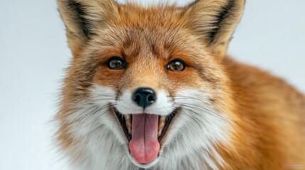 Obraz premium Beautiful red fox smiling with tongue out against a soft white background in a serene moment of nature Generative AI