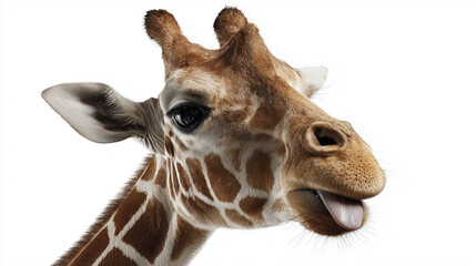 Naklejka premium Giraffe showing its tongue in a close-up shot against a white background in a playful mood Generative AI