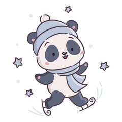 Vector illustration in a simple kawaii style on a white background. A cute panda skating in a winter hat. . Vector illustration