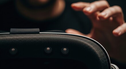 Young caucasian male exploring virtual reality with headset and hand gesture interaction