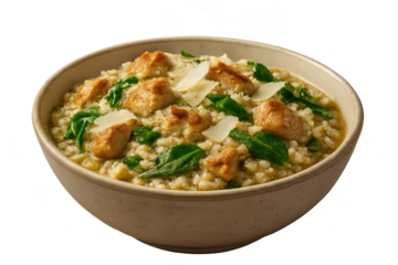 Creamy chicken risotto with spinach and parmesan, isolated on transparent background