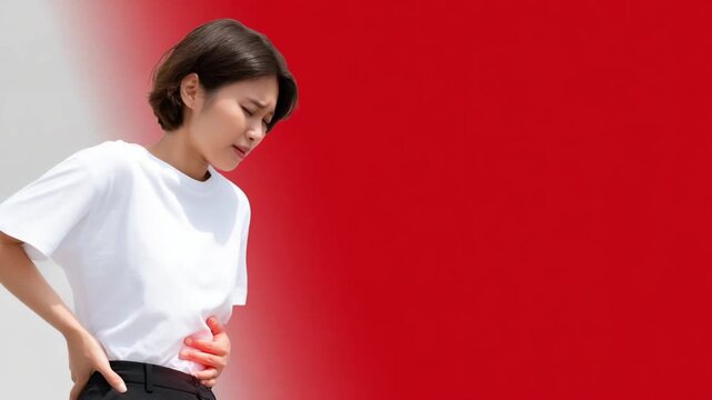 This video portrays a woman in clear discomfort. She clutches her stomach, conveying a strong emotion. A simple yet powerful visual experience. AI