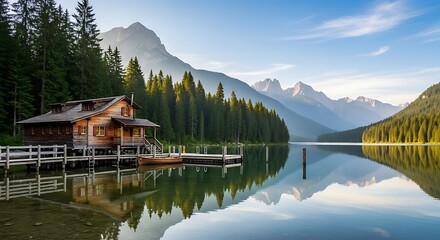 Fototapeta premium Serene Lakeside Cabin in Mountain Scenery.