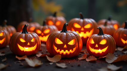 cluster intricately carved eerie asymmetrical grins fills frame golden eyes glowing softly