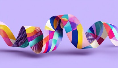 A vibrant, colorful ribbon, swirling in a dynamic design against a soft lavender background, showcasing a playful, abstract pattern.