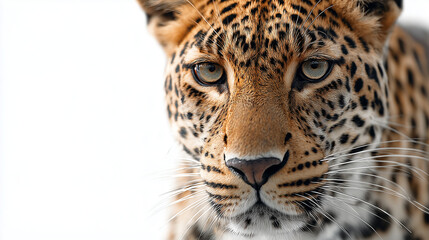 Fototapeta premium Majestic leopard gazes intently with piercing eyes in a serene, snowy setting, showcasing its striking features and unique spots Generative AI