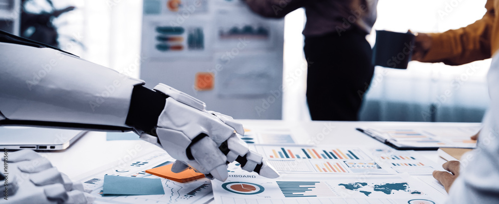Poster a futuristic office scene showcasing a robotic arm analyzing data presentations and graphs, highligh
