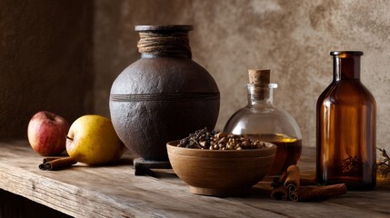 Rustic still life with clay jars bottles fruits and grains lifestyle decorative inspiration composition